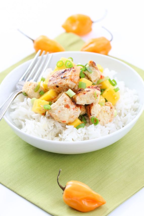 Freshly topped 5-Ingredient Mango Habanero Chicken Rice Bowl