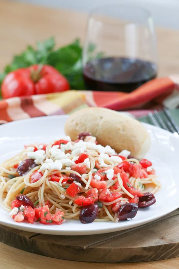 Serving of Spaghetti with Feta Cheese, Tomatoes & Kalamata Olives