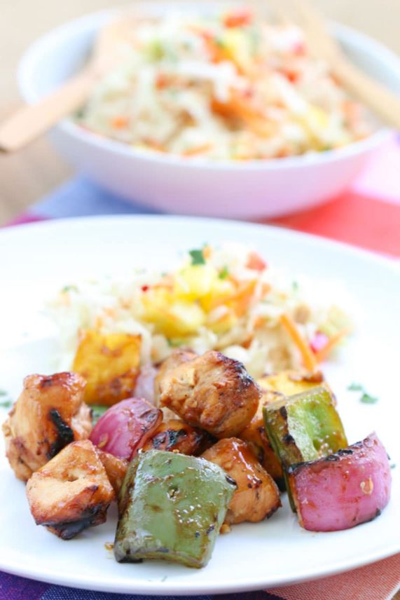 Plate of Tropical Coleslaw & Grilled Hawaiian Chicken Kabobs