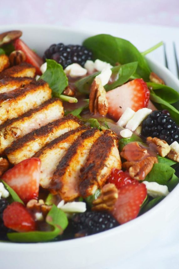 Freshly prepared Blackened Chicken and Berry Summer Salad