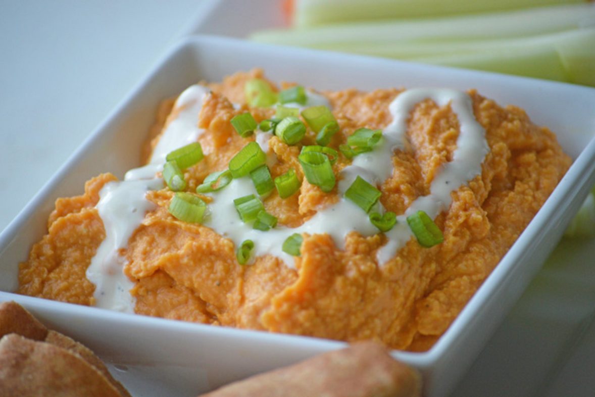 Large pan of Buffalo Blue Cheese Hummus