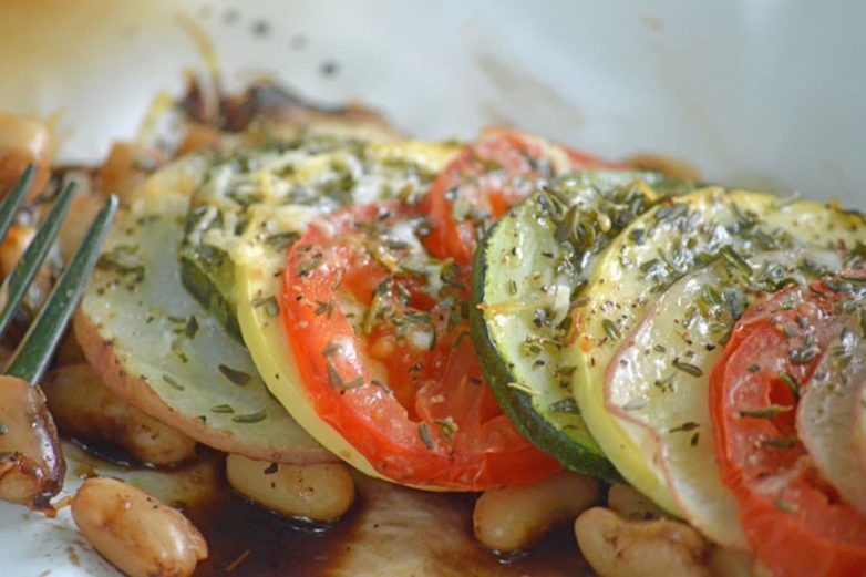 Freshly made Balsamic White Bean and Summer Vegetable Gratin