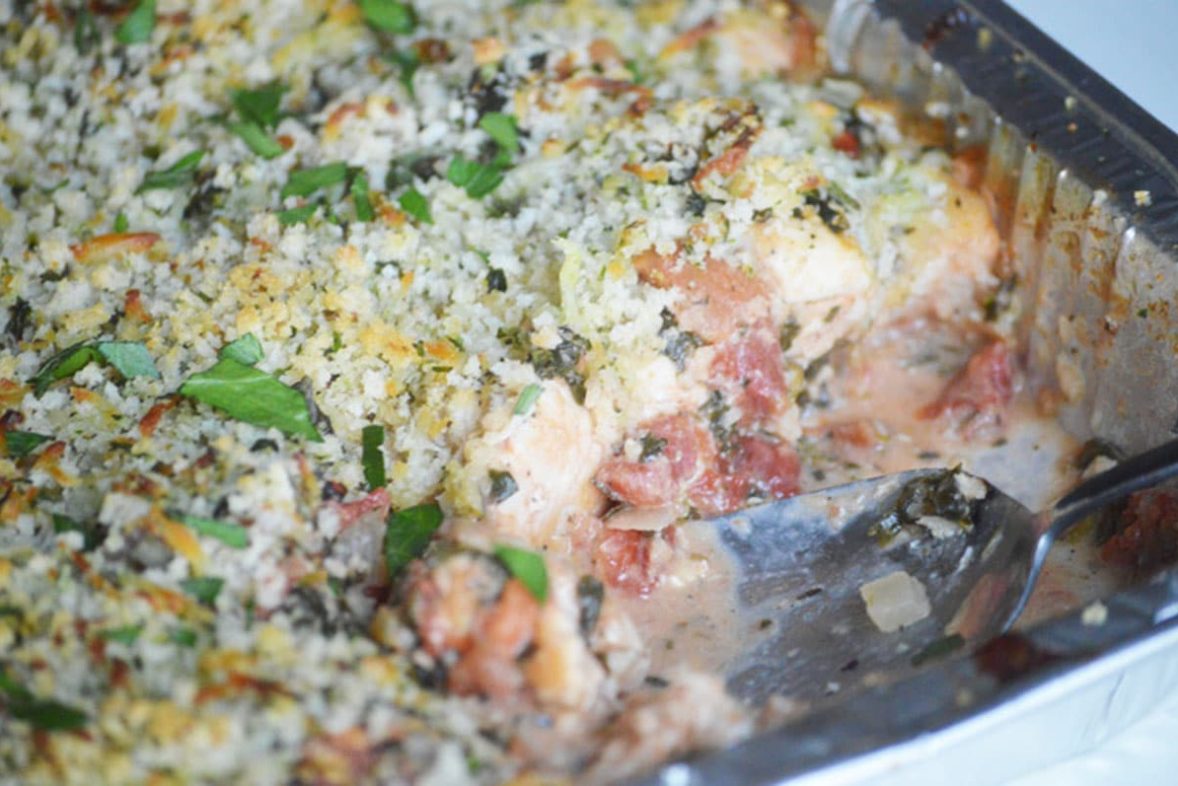 Large pan of Creamy Bruschetta Chicken Bake