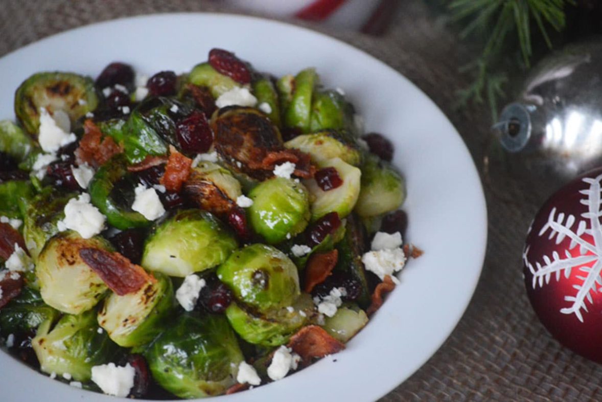 Festive serving of Brussels Sprouts with Bacon and Blue Cheese