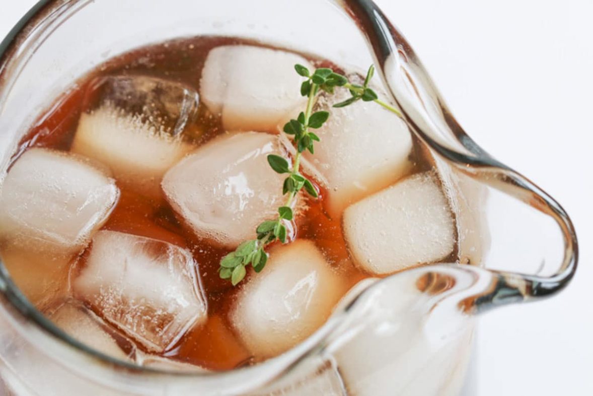 Big icy pitcher of Peach & Thyme Iced Tea