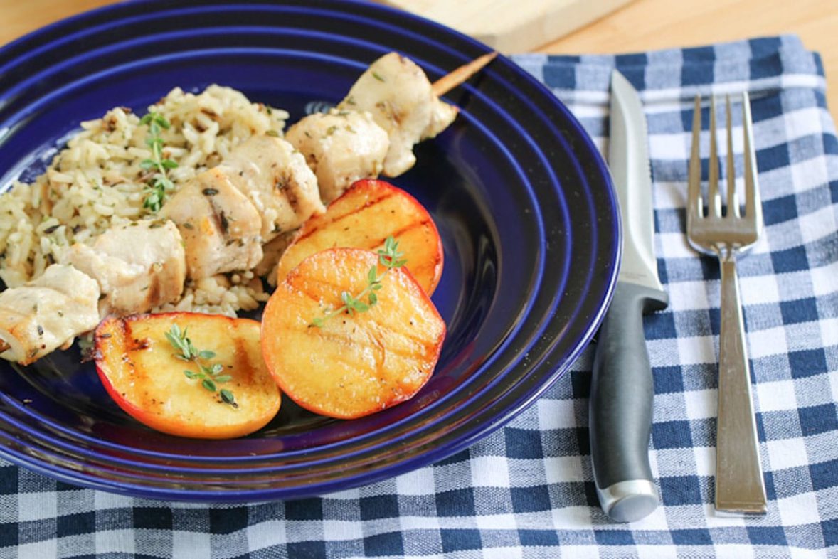 Just served Grilled Sweet Peaches and Chicken Kebabs