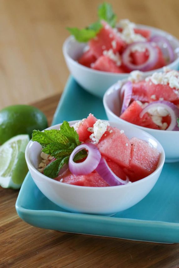 Bowls of Watermelon Salad with Feta and Mint