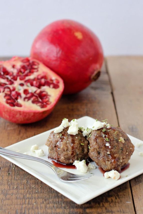 Just served plate of Pomegranate Glazed Meatballs