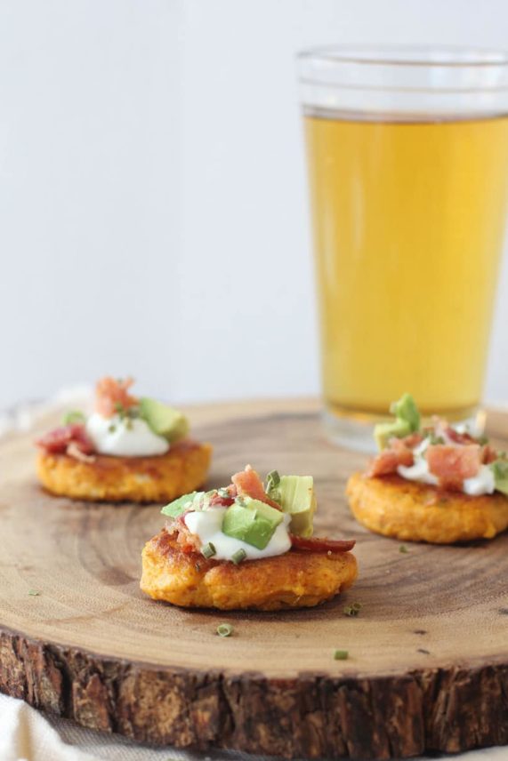 Trio of Sweet Potato Pancakes with Feta, Bacon and Avocado