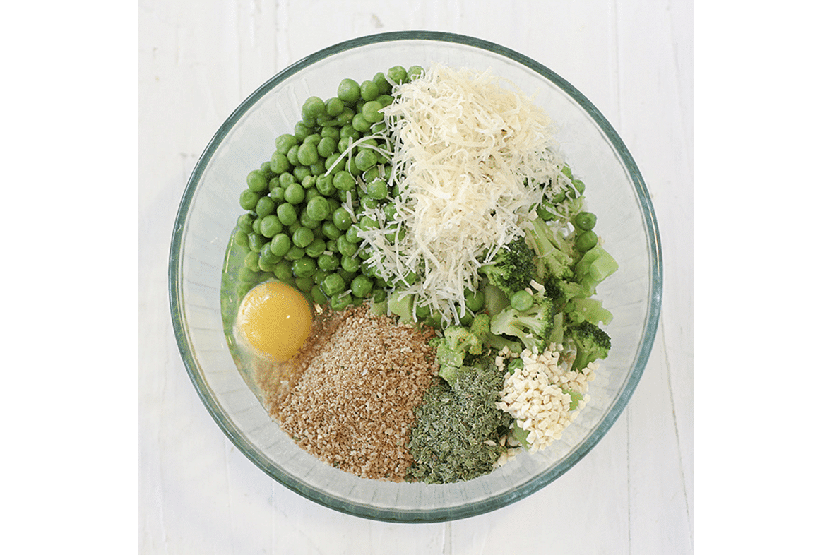 Preparing to make Baked Broccoli, Pea and Mint Patties