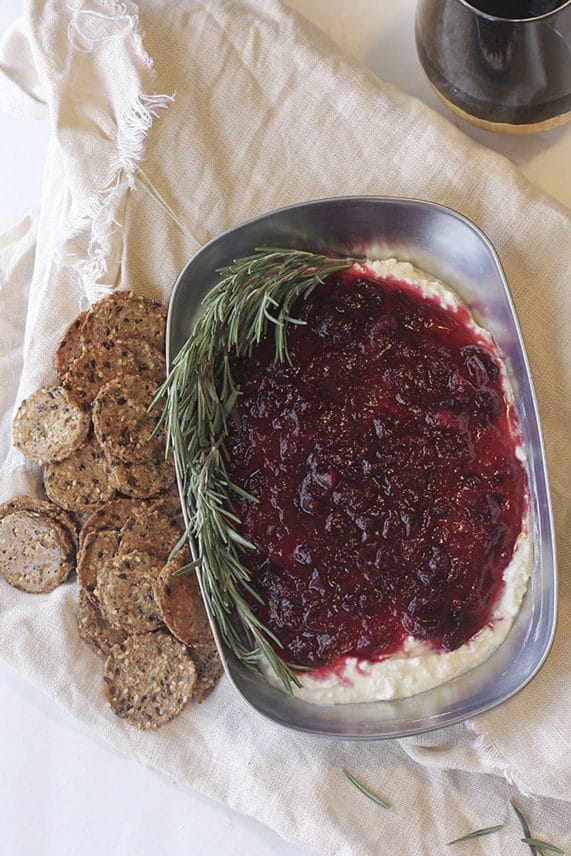 Big bowl of Cranberry and Jalapeño Sauce with Whipped Feta Cracker Dip