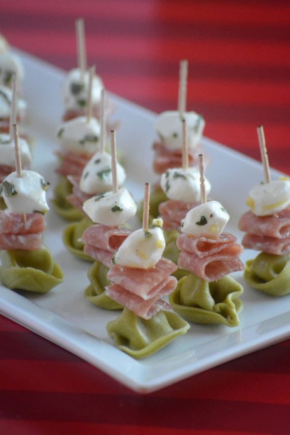 Loaded tray of Easy Marinated Mozzarella and Tortellini Appetizers