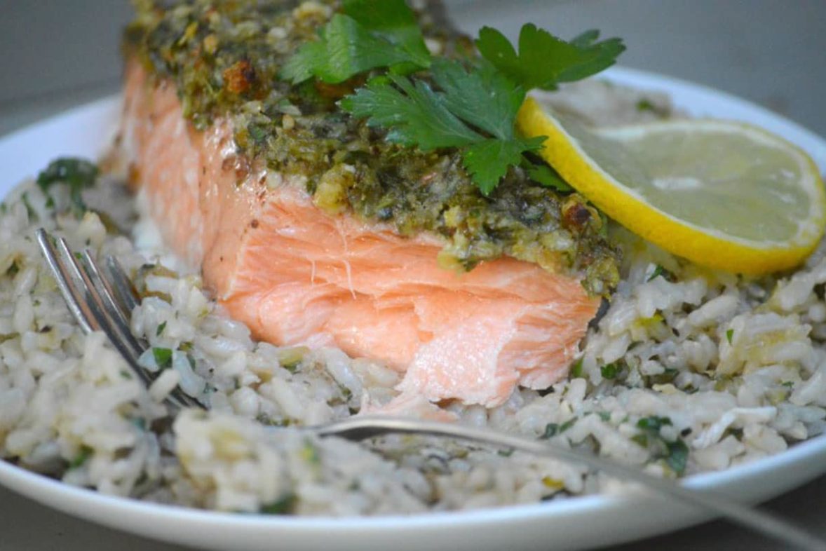 Sizzling serving of 20 Minute Balsamic Herb Salmon with Spinach Brown Rice