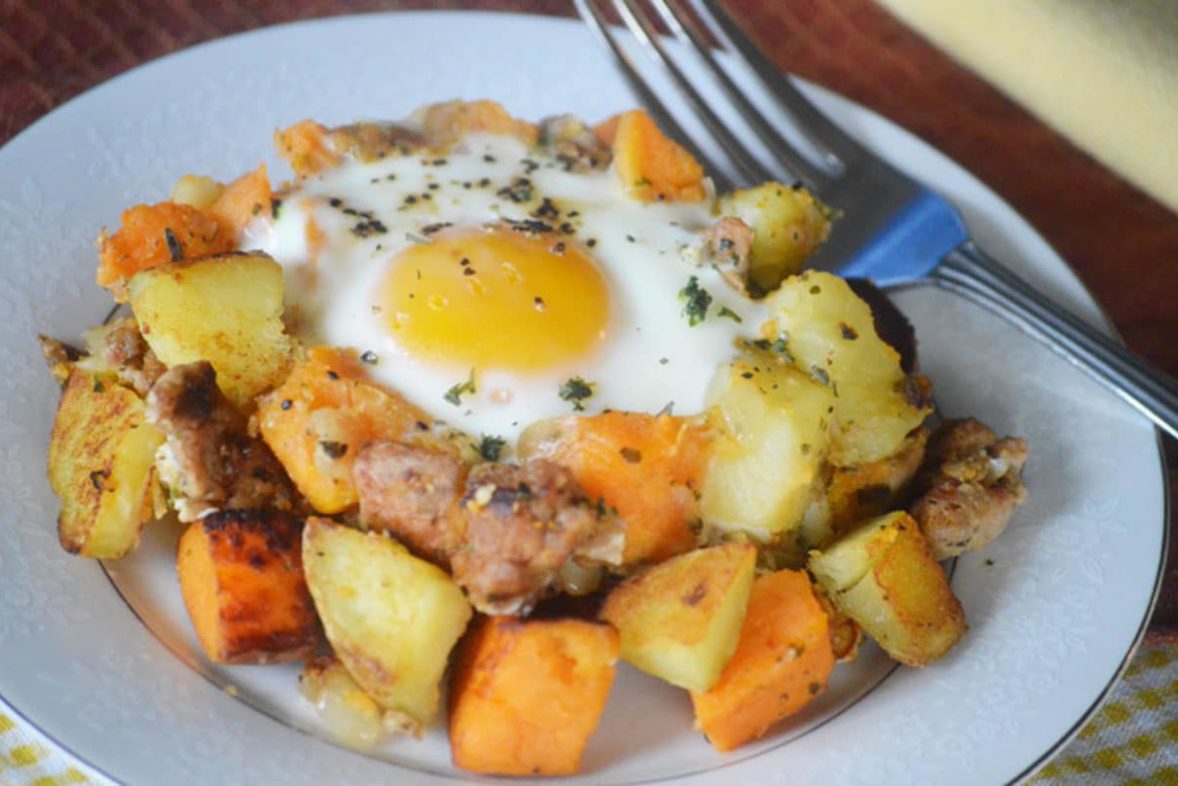 Freshly served Sweet Potato and Sausage Breakfast Hash