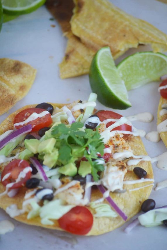 Freshly drizzled California Ranch Fish Tostadas