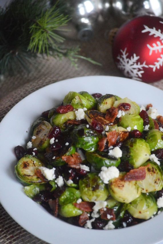 Big plate of Brussels Sprouts with Bacon and Blue Cheese