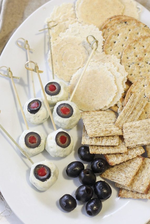 Big plate of 3 Ingredient Halloween Eyeball Cheese Appetizers