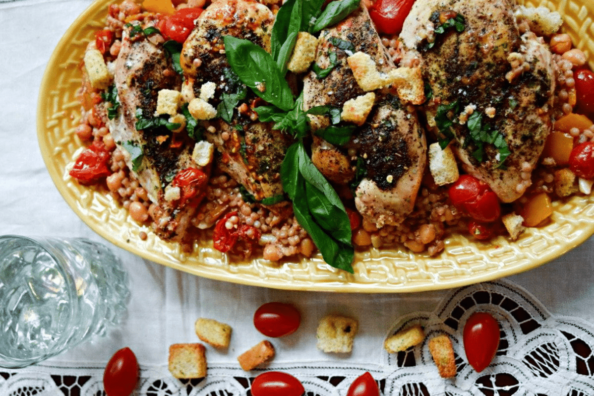 Freshly prepared One-Pot Creamy Balsamic Chicken and Couscous