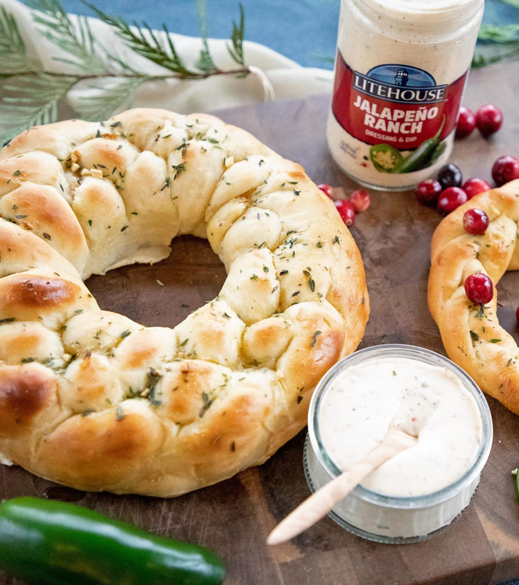 BREAD WREATH WITH JALAPENO RANCH & BLUE CHEESE DIPS