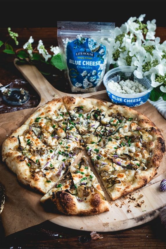 Caramelized Onion, Zucchini and Blue Cheese Pizza hot and ready to eat