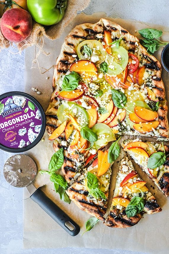 Peach and Heirloom Tomato Pizza with Litehouse Simply Artisan Gorgonzola Cheese Crumbles