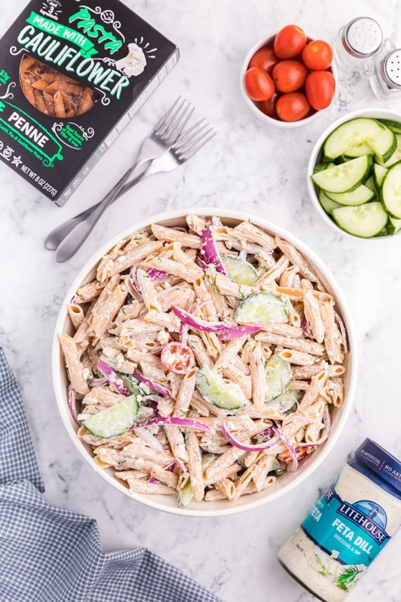 Preparing a fresh batch of Cucumber Pasta Salad