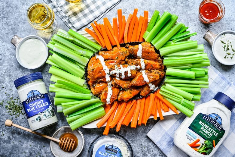Hot Honey Chicken Wings with Litehouse Homestyle Ranch Dressing and Chunky Blue Cheese