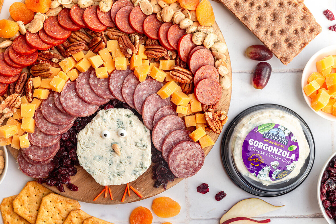 Thanksgiving Turkey Charcuterie Board with Litehouse Simply Artisan Gorgonzola Cheese Center Cut