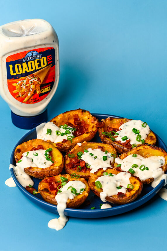 Loaded Potato Skins recipe made with Litehouse's Loaded Fry Sauce