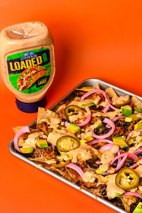 Loaded Nachos recipe made with Litehouse's Loaded Taco Sauce