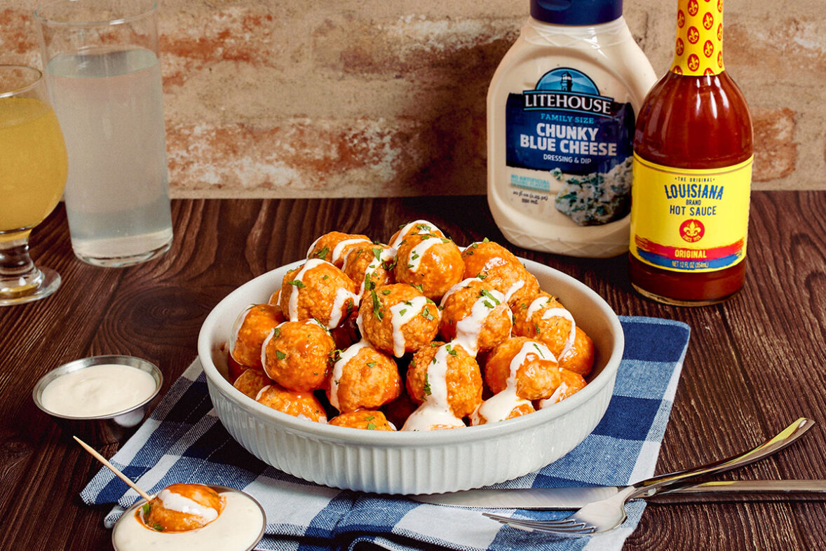 Buffalo Chicken Party Meatballs recipe made with Litehouse Homestyle Ranch dressing